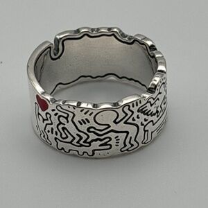 Silver Color Ring - Size 9 - Keith Haring inspired design